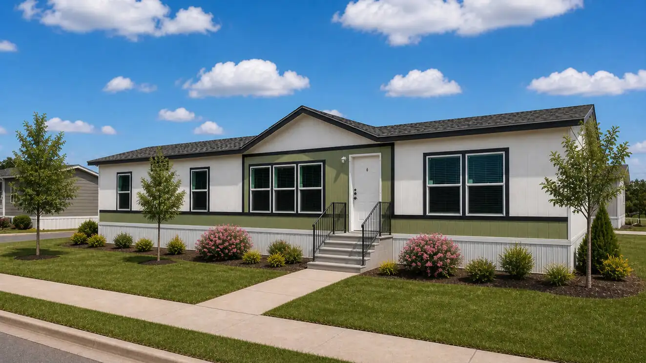 A modern double-section manufactured home with a front porch and landscaped yard